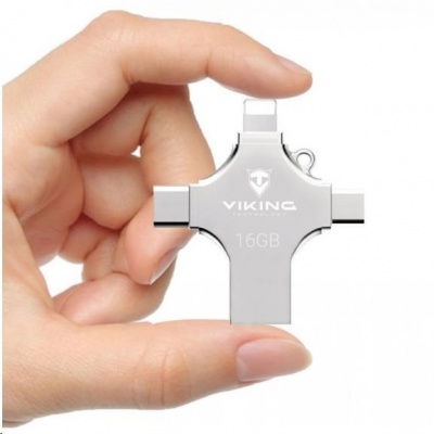 Viking USB Flash disk 3.0 4v1 s koncovkou Lightning/Micro USB/USB/USB-C, 16 GB, stříbrná