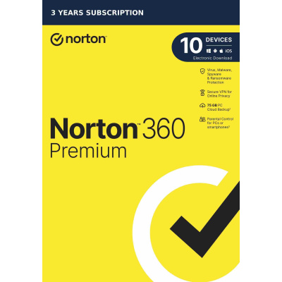 NORTON 360 PREMIUM 75GB +VPN 1 uživatel pro 10 zařízení na 3 rok ESD