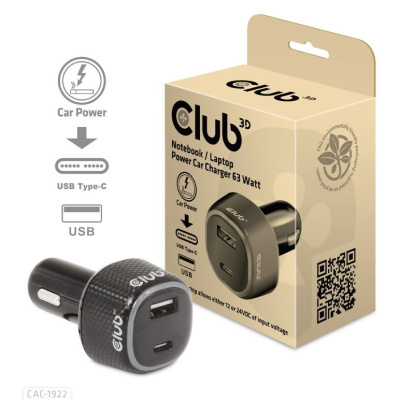 Club3D Auto nabíječka pro Notebooky 63W, 2 porty (USB-A + USB-C)