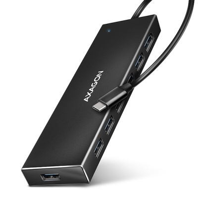 AXAGON HUE-F7C, 7x USB 3.2 Gen 1 ALU FLAT CHARGING hub, micro USB napájecí konektor, kabel USB-C 30cm