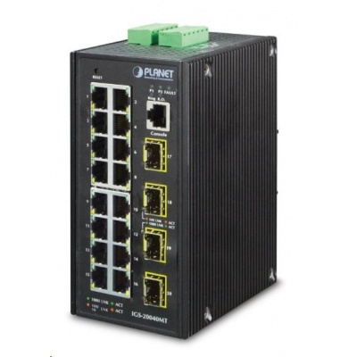 Planet IGS-20040MT, 16X 1000BASE-T, 4X SFP, DIN, IP30, -40 AŽ 75°C, WEB/SNMPV3, VLAN, IGMPV3, ESD+EFT, IPV6